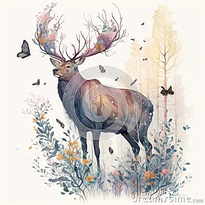 An enchanting watercolor illustration of a majestic stag standing among a forest of branches and flowers Cartoon Illustration