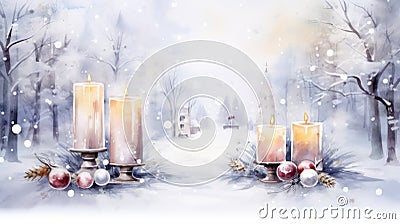 Enchanting Watercolor Snowy Christmas Scene with Glowing Candles AI Generated Cartoon Illustration