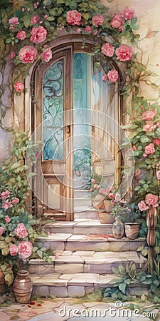 Dreamy Entrance: A Beautiful Painting Of A Doorway With Roses Stock Photo