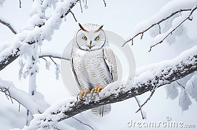 Enchanting Winter Owl: Wildlife Wonderland in a Snowy Landscape. Stock Photo