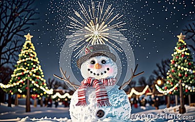 Enchanting Winter Snowman's Glow Amongst Pine Trees and Warm Light Stock Photo