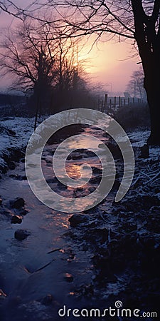 Enchanting Winter Stream: Sleet Scenery With Kodak Film4k Stock Photo