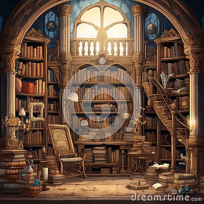 Enchanting World of Antique Books Cartoon Illustration