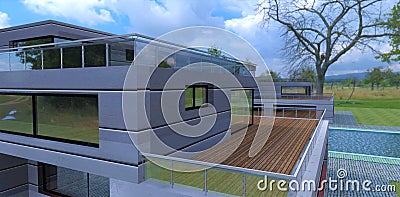 Enclosed balcony covered with decking. Finishing the facade of the house with modern trendy material. An old empty tree against Cartoon Illustration