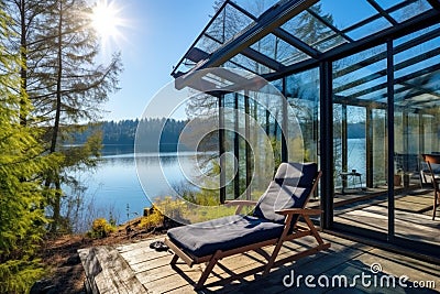 enclosed glass cabin offering panoramic lake views, solar panels outside Stock Photo