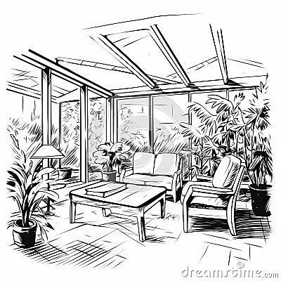 Exotic Black And White Sunroom Sketch - Clean And Sharp Inking Style Stock Photo