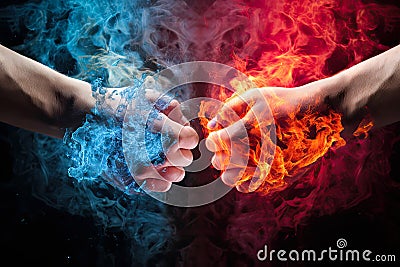 Encounter of a frozen hand and a burning hand. Concept is the juxtaposition of opposing elements and the transforming nature of Stock Photo