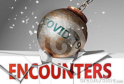 Encounters and coronavirus, symbolized by the virus destroying word Encounters to picture that covid-19 affects Encounters and Cartoon Illustration