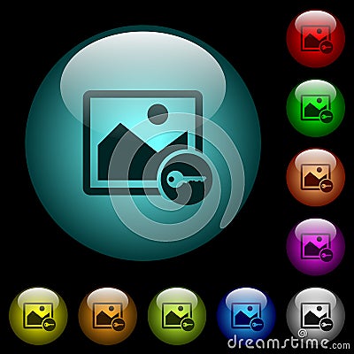 Encrypt image icons in color illuminated glass buttons Stock Photo