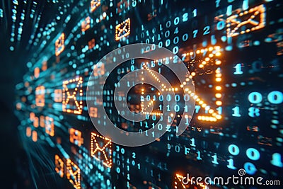Encrypted email concept glowing icons among streams of binary cyber security theme Stock Photo