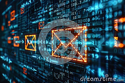 Encrypted email concept glowing icons among streams of binary cyber security theme Stock Photo