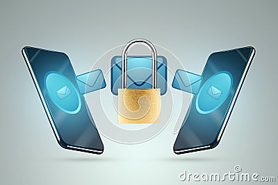 An encrypted letter, message, image of a padlock flies from smartphone to smartphone. The concept of information protection, Cartoon Illustration