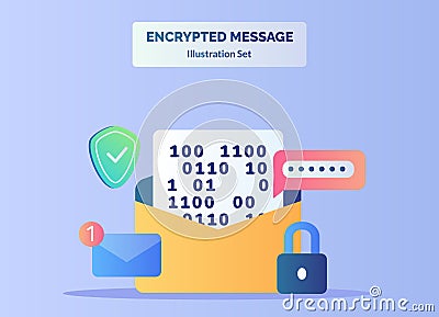 Encrypted message illustration set text number in message background of password shield email notification padlock with Vector Illustration