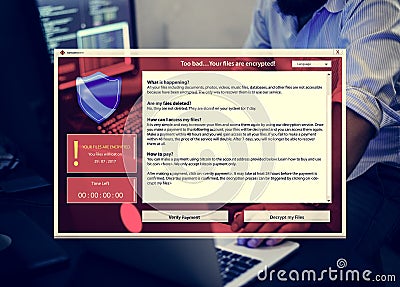 Encrypted warning pop up on computer screen cyber attack Stock Photo