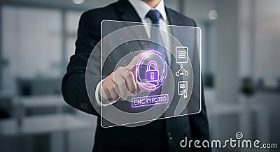 Encrypting Data Businessman Securing Information on Virtual Interface with Padlock Icon Stock Photo