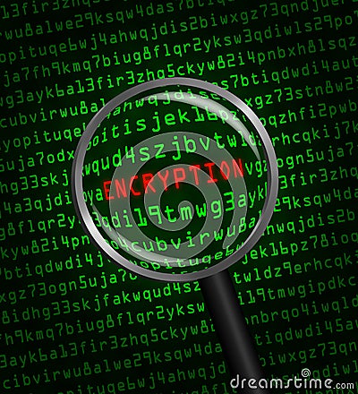 ENCRYPTION in red revealed in green computer machine code Stock Photo
