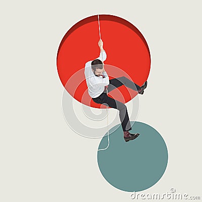 End of career. Young businessman, finance analyst or clerk in business clothes going down on rope. Stock Photo