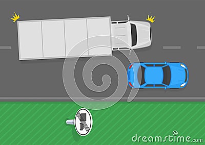 End of no overtaking by heavy goods vehicles sign area. Top view of a truck passing car on road. Vector Illustration
