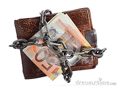 End of personal spending. Wallet euro banknote in chain Stock Photo