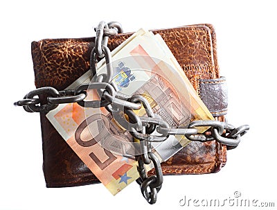 End of personal spending. Wallet euro banknote in chain Stock Photo