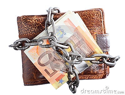 End of personal spending. Wallet euro banknote in chain Stock Photo