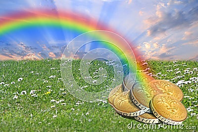 End of rainbow pot of gold treasure Stock Photo