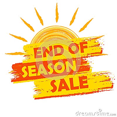 End of season sale with summer sun sign, yellow and orange drawn Stock Photo