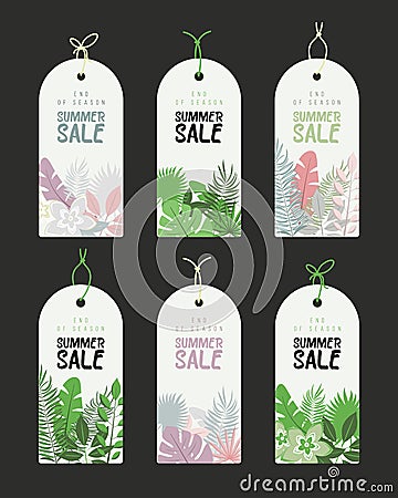 End of Season. Summer hand drawn calligraphyc sale tags set. Beautiful summer posters with palm leaves, textures and Vector Illustration