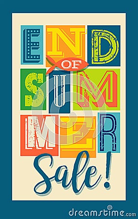 End of summer sale banner. colorful letter collage typography with beach and sun Vector Illustration