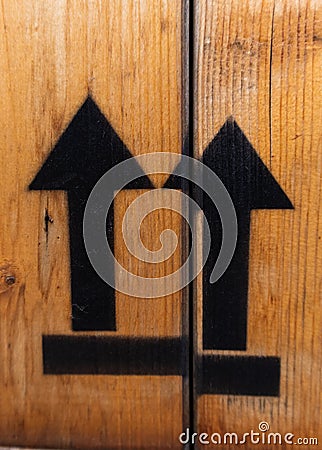 This end up fragile sign on a wood box Stock Photo