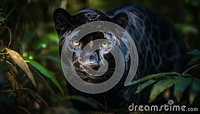 Endangered jaguar staring in tropical rainforest beauty generated by AI Stock Photo