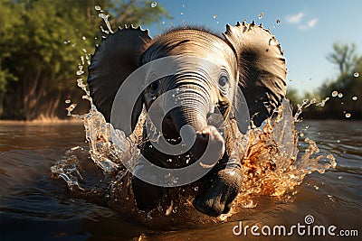 Endearing baby elephant finds glee as it dances amidst refreshing puddle waters Stock Photo