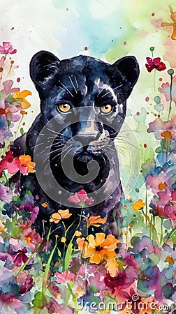Endearing Baby Panther in a Colorful Flower Field for Art Prints and Greetings. Stock Photo
