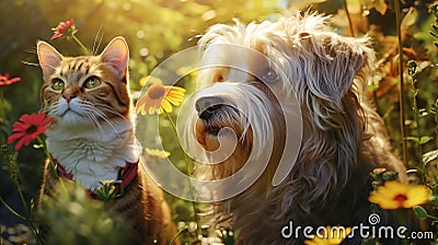 Endearing cat and cute dog in green garden among thick grass and flowers, basking in warmth Stock Photo