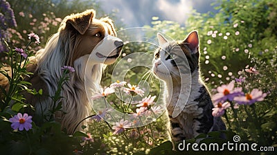 Endearing cat and cute dog in green garden among thick grass and flowers, basking in warmth Stock Photo