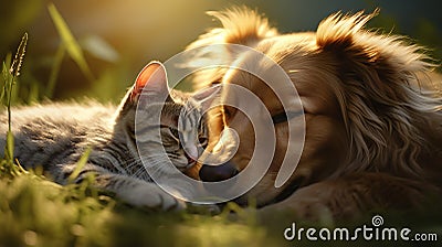 Endearing cat and cute dog lie side by side on sun drenched grass, basking in warmth and harmony Stock Photo