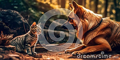 endearing image of a cat and a dog peacefully coexisting and showing mutual respect, promoting harmony on International Stock Photo