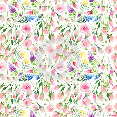 Ender delicate cute elegant lovely floral colorful spring summer red, blue, purple and yellow wildflowers and pink roses with gree Cartoon Illustration