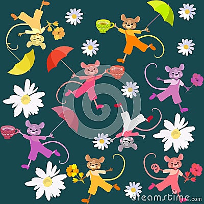 Endless background with cheerful colorful mice running among the daisies on a dark green background. Fabric print for baby Vector Illustration