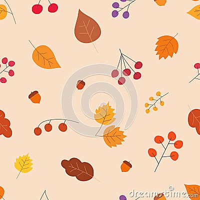 Autumn seamless hand drawn pattern with tree leaves, berries.Endless background with simple botanical shapes-acorns, currants, Vector Illustration