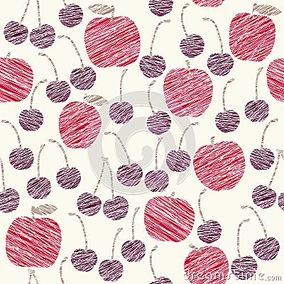 Endless cherry and apple texture, endless fruit background. Fruit ornament. Vector Illustration
