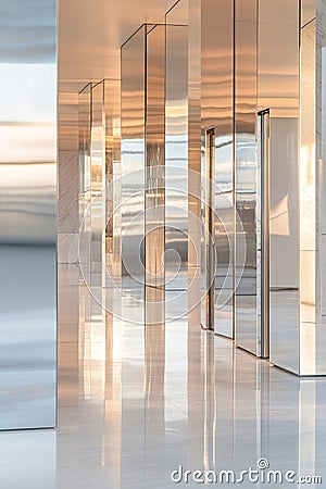 An endless corridor features mirrored metallic panels that softly distort reflections of unseen shapes, creating a Stock Photo