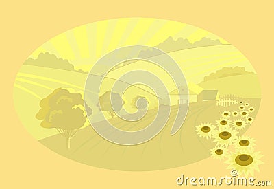 Endless fields with houses and poddlnuhi. Vector Illustration