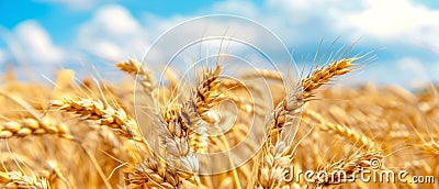 Endless golden wheat stalks sway gently in the breeze against a backdrop of fluffy, white clouds and a vibrant blue sky Stock Photo