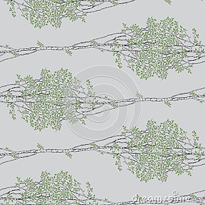 Endless Green Birch Trees Drawing Seamless Pattern Vector Illustration