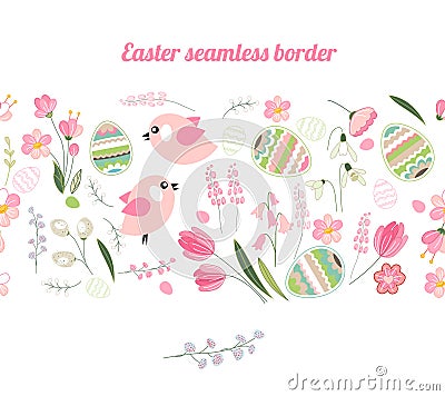 Endless horizontal border with festive painted eggs, stylized flowers and pretty birds. Endless border for your design Vector Illustration