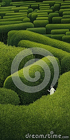 Endless Lawn: Meticulous Photorealistic Still Life Of A Woman Walking In A Maze Stock Photo