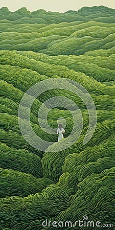 Endless Lawn: Optical Art Print Of A Woman In A Green Field Stock Photo