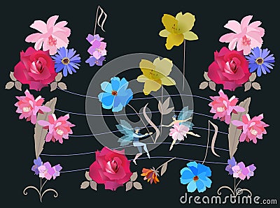 Endless musical illustration with chords and notes in the form of garden flowers, musical staff and small winged fairy and elf Vector Illustration