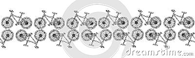 Endless Pattern Brush or Ribbon of Bicycles Bike Background. Realistic Hand Drawn Illustration. Savoyar Doodle Style. Stock Photo